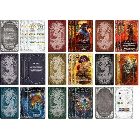 A collection of oversized Tarot-style cards with dark, haunting illustrations of gothic monsters and mystical omens