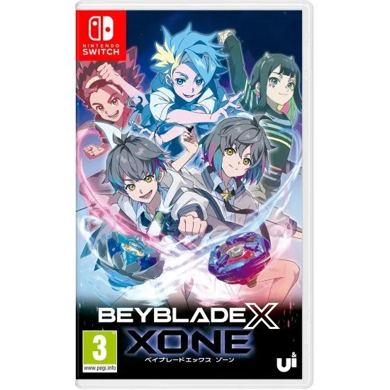Beyblade X XONE Switch box art showing Beyblades in action on the X-Celerator Rail