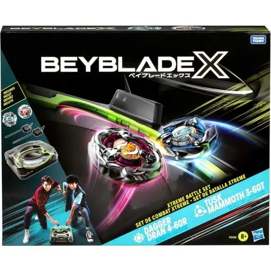 Beyblade X Xtreme Beystadium with two tops engaging in a high-speed battle on the X-Celerator Rail