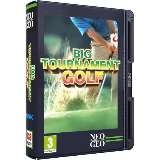 A pixel-art golfer performing a powerful drive on a lush green course with a clear blue sky