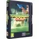A pixel-art golfer performing a powerful drive on a lush green course with a clear blue sky