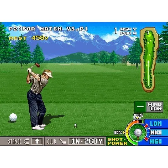 A pixel-art golfer performing a powerful drive on a lush green course with a clear blue sky