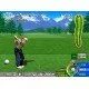 A pixel-art golfer performing a powerful drive on a lush green course with a clear blue sky