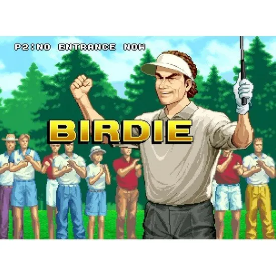 A pixel-art golfer performing a powerful drive on a lush green course with a clear blue sky