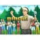 A pixel-art golfer performing a powerful drive on a lush green course with a clear blue sky