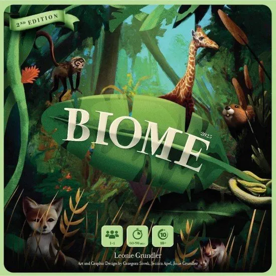 Biome board game box art featuring a lush landscape with various animals and plants