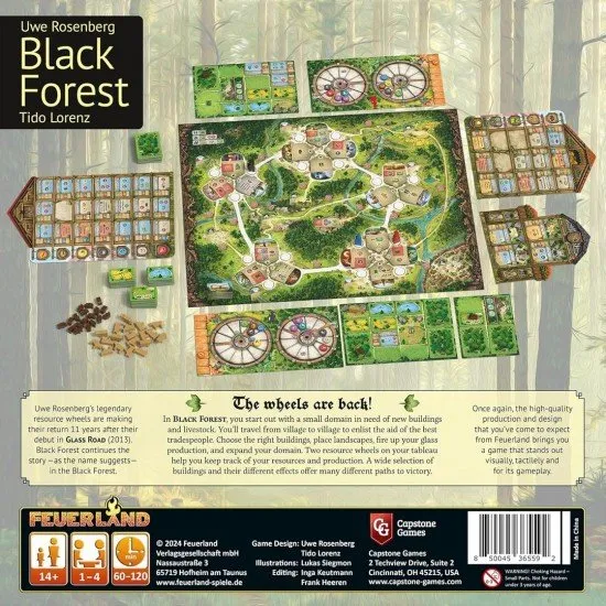 Black Forest board game box art showing a traditional German village and resource management components