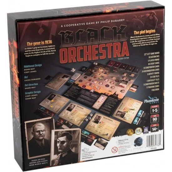 A dark, atmospheric board game board depicting a map of WWII Europe with character cards of historical German conspirators