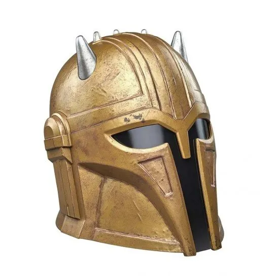A life-sized gold-toned Mandalorian helmet with a spiked crown and dark visor as seen in the Disney plus series