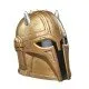 A life-sized gold-toned Mandalorian helmet with a spiked crown and dark visor as seen in the Disney plus series