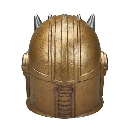 A life-sized gold-toned Mandalorian helmet with a spiked crown and dark visor as seen in the Disney plus series