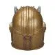 A life-sized gold-toned Mandalorian helmet with a spiked crown and dark visor as seen in the Disney plus series