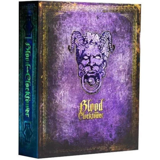 Blood on the Clocktower The Pandemonium Institute Social Game Blood on the Clocktower box art showing a gothic, shadowy scene with a circle of characters and a clock tower in the background