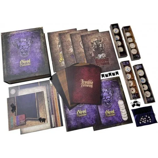 Blood on the Clocktower The Pandemonium Institute Social Game Blood on the Clocktower box art showing a gothic, shadowy scene with a circle of characters and a clock tower in the background