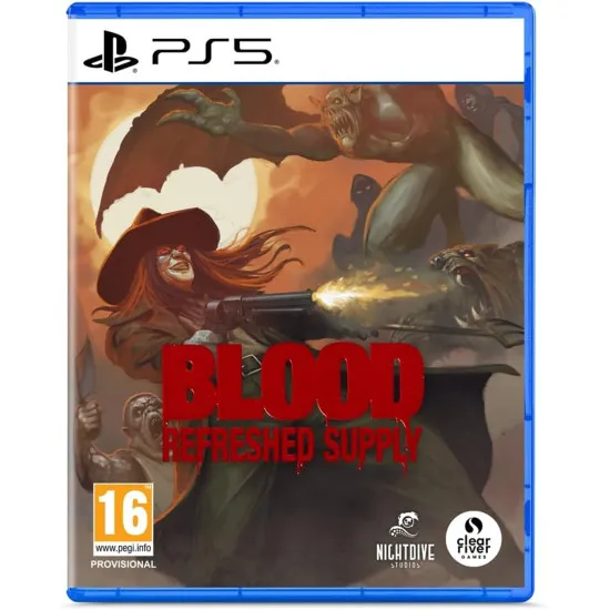 A PlayStation 5 game case showing an undead cowboy gunslinger dual-wielding weapons against a backdrop of dark occult sigils and dripping red text