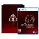 A PlayStation 5 game case resting inside a premium black Deluxe Edition box layout, flanked by a music soundtrack CD, a softcover artbook, character stickers, and a gothic art poster