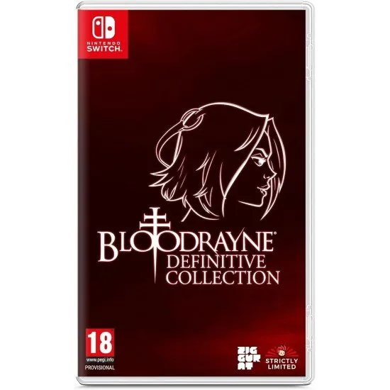 A Nintendo Switch game case featuring sleek, dark gothic artwork of the red-haired dhampir agent Rayne wielding her signature twin arm-blades