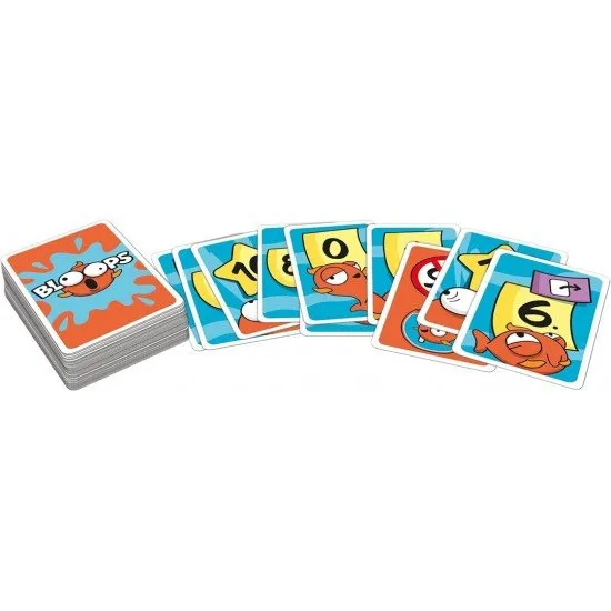 A collection of colourful and whimsical cartoon-style cards from the Bloops card game spread across a tabletop