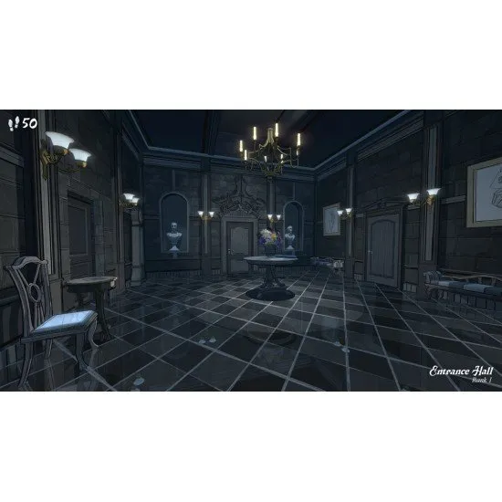 The box art for the game Blue Prince on PS5, showing a character looking into a doorway in a stylized, surreal manor.