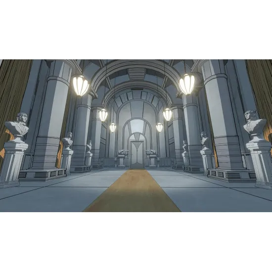 A Nintendo Switch 2 game case showing a detailed architectural blueprint of a mansion layout morphing and shifting in mid-air inside a grand library hall