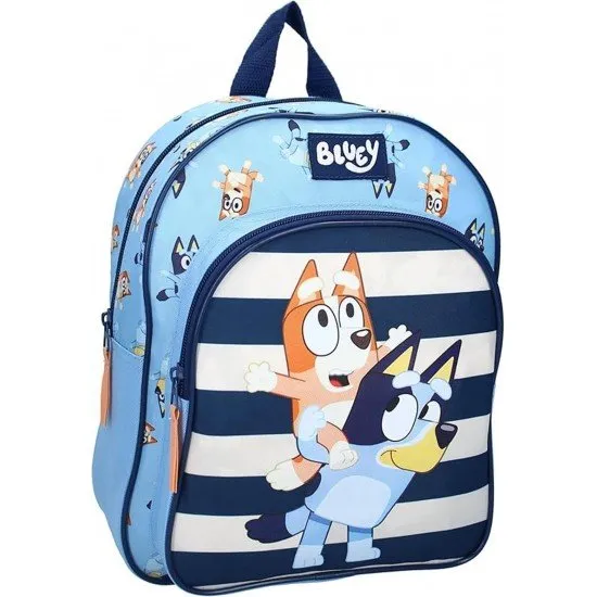 Bluey Jump into Fun 30cm backpack showing the popular cartoon character Bluey with a colorful, playful design