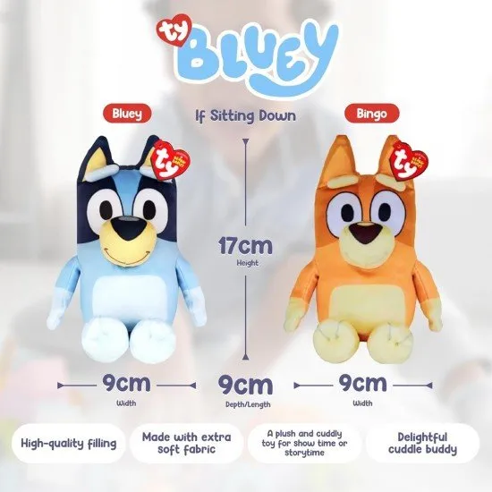 A soft and vibrant blue plush toy of the popular children's cartoon character Bluey with an attached red Ty heart tag