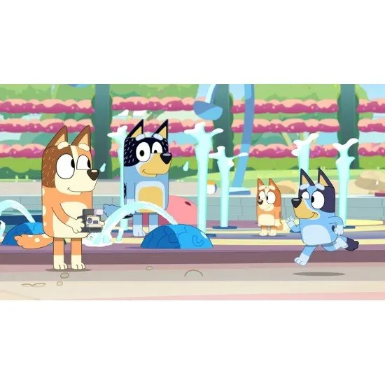 Bluey and Bingo at the riverbank with a camera, inspired by the episode Ice Cream