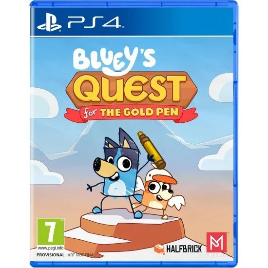 Bluey's Quest for the Gold Pen PS4 game cover featuring Bluey, Bingo, and Dad on his bike