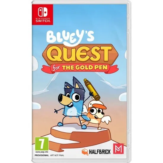 Nintendo Switch game box for Bluey's Quest for the Gold Pen featuring the Heeler family in an imaginary landscape