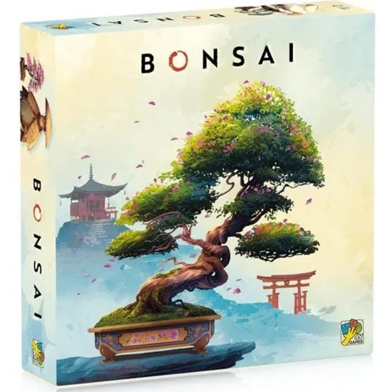 Bonsai board game box showing a beautifully cultivated tree with wooden tiles and cards