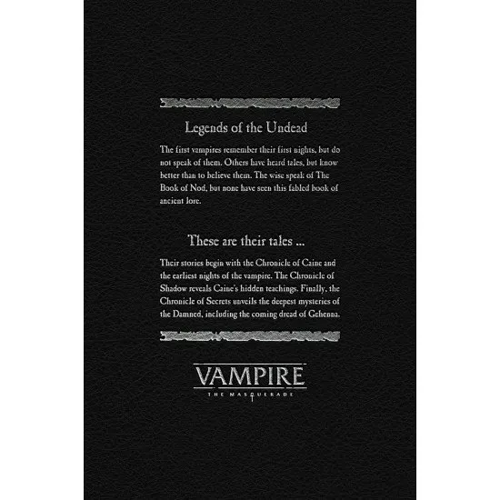 Vampire The Masquerade 5th Edition The Book of Nod cover art showing the faux-leatherbound book with silver foil and gilded pages