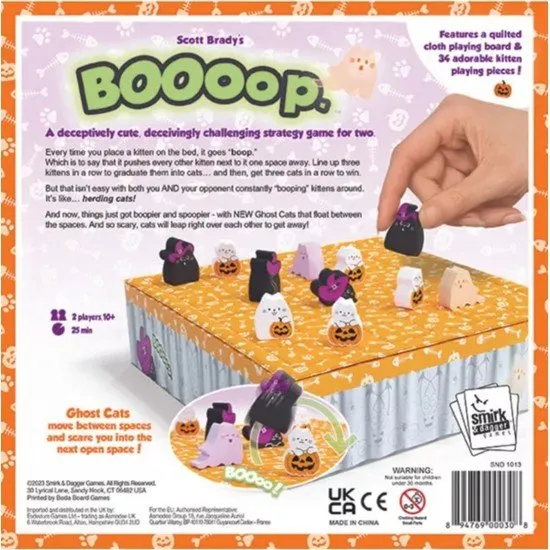 BOOoop Board Game The box art for the BOOoop abstract strategy game, showing a bed playing surface with wooden cat and kitten pieces, and the title in a playful, stylized font.