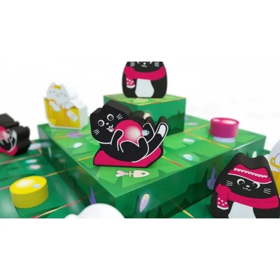 The box art for the boop. the Halls abstract strategy game, showing a tiered Christmas tree board with cats and ornaments on it.
