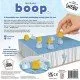 The box art for the boop. abstract strategy game, showing a bed playing surface with wooden cat and kitten pieces, with the title in a playful, stylized font.