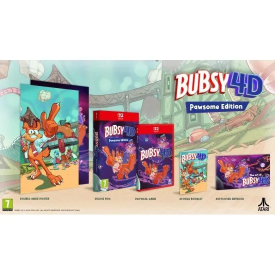 Bubsy 4D Pawsome Edition box art for Switch 2 featuring Bubsy the Bobcat and craft-themed worlds