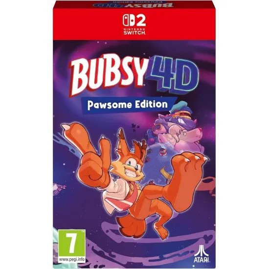 Bubsy 4D Pawsome Edition box art for Switch 2 featuring Bubsy the Bobcat and craft-themed worlds