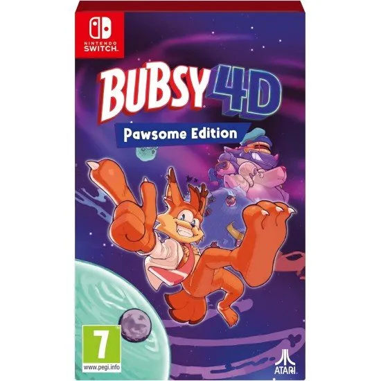 Nintendo Switch physical box for Bubsy 4D Pawsome Edition showing the game and bonus items