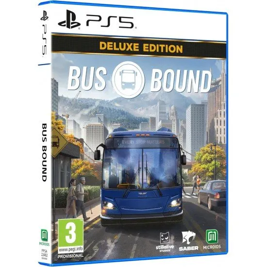 A modern city bus navigating a busy metropolitan street with the Deluxe Edition branding