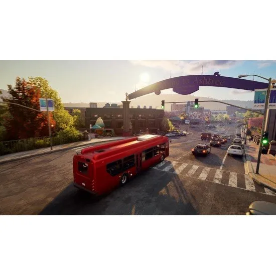 The driver's cockpit of a high-tech bus showing detailed dashboard controls and a city view