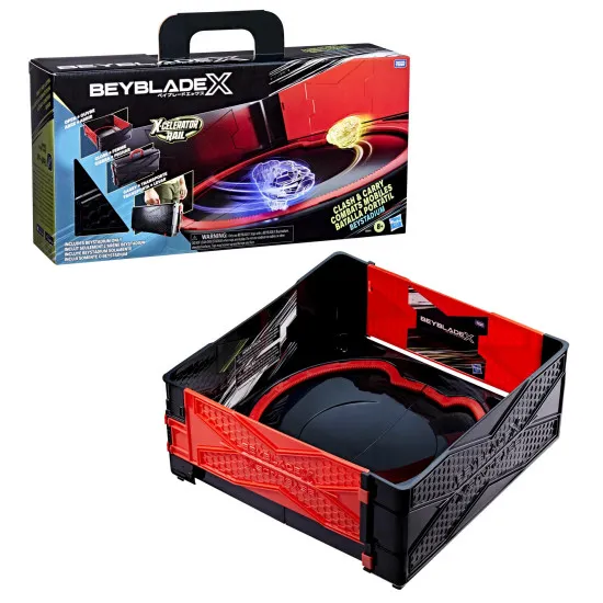 Beyblade X Clash and Carry Beystadium fully opened into battle arena showing X-Celerator Gear System rail and stadium layou