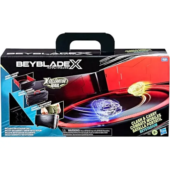 Beyblade X Clash and Carry Beystadium fully opened into battle arena showing X-Celerator Gear System rail and stadium layou