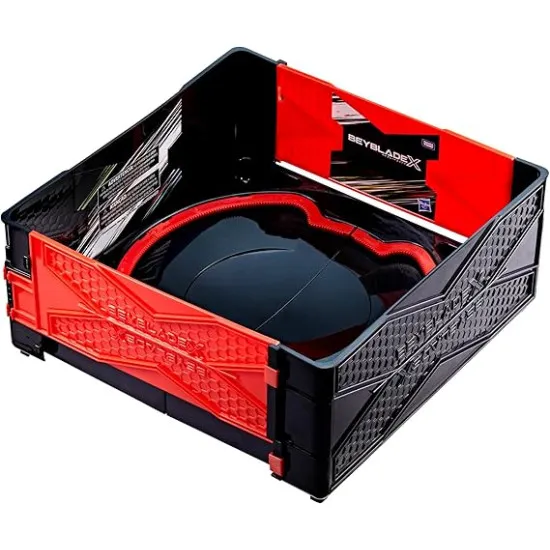 Beyblade X Clash and Carry Beystadium fully opened into battle arena showing X-Celerator Gear System rail and stadium layou