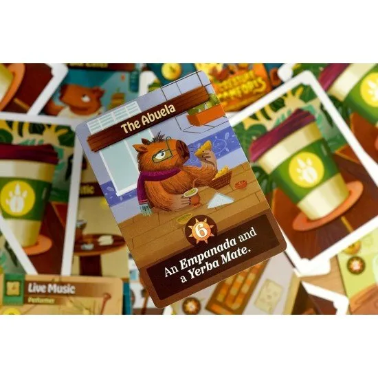 Whimsical illustrations of capybaras enjoying coffee and cakes in a beautifully decorated café setting