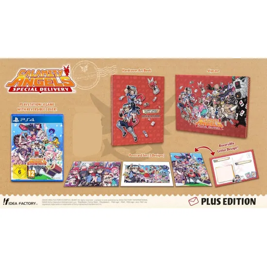 PlayStation 4 game case and collector items for Calamity Angels Special Delivery Plus Edition showing the hardcover art book and postcards