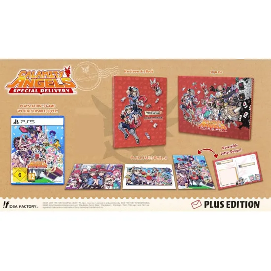 PlayStation 5 game case and collector items for Calamity Angels Special Delivery Plus Edition featuring anime characters and hardcover art book