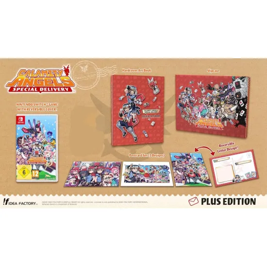Nintendo Switch game case and collector items for Calamity Angels Special Delivery Plus Edition displaying physical art book and postcards