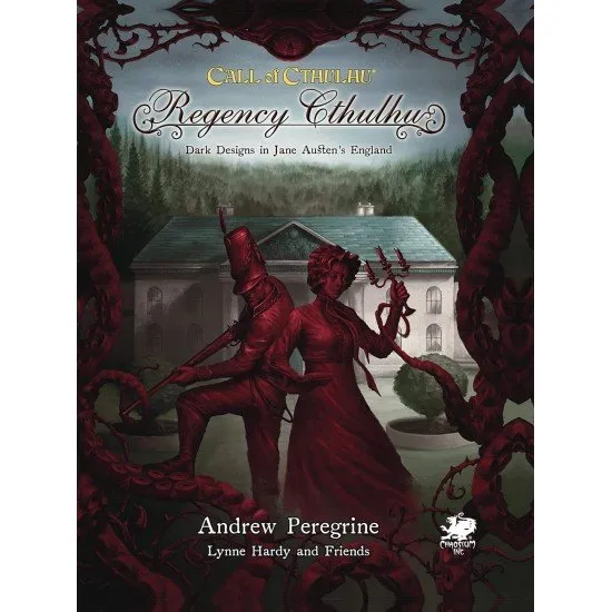 A hardcover roleplaying book depicting a high-society English ballroom with a subtle, looming eldritch shadow