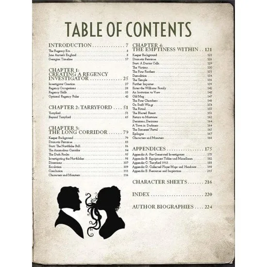 A hardcover roleplaying book depicting a high-society English ballroom with a subtle, looming eldritch shadow