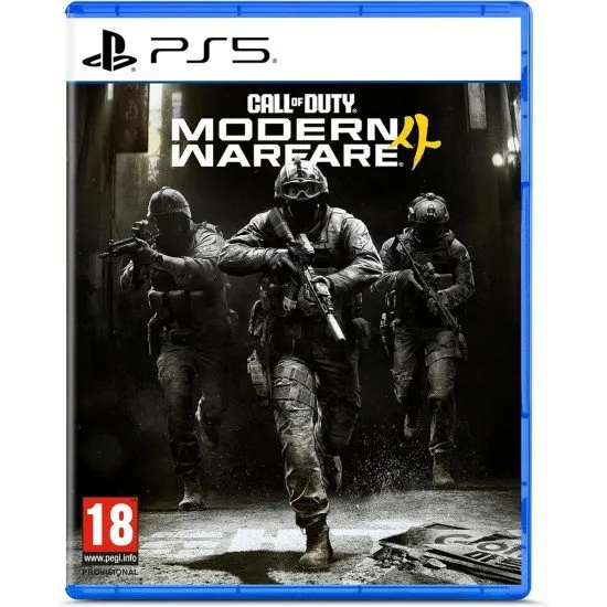 A PlayStation 5 game case depicting a modern tactical soldier in full combat gear standing amidst the smoky, war-torn ruins of a metropolitan city street