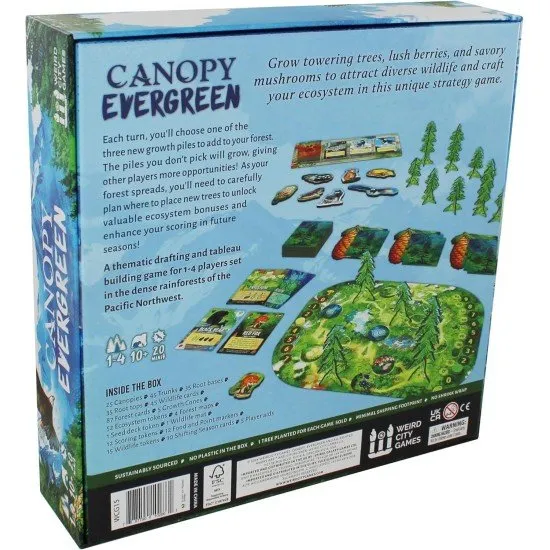 Canopy Evergreen board game box featuring lush Pacific Northwest forest artwork with trees and woodland creatures